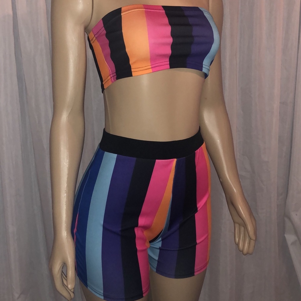 2 Piece Striped Bandeau Short Set